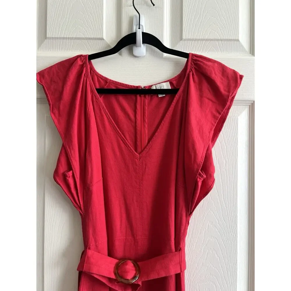 ANN TAYLOR LOFT 2024 Cherry Red Linen Blend Belted Flutter Sleeve Midi Dress 10 - Picture 2 of 14